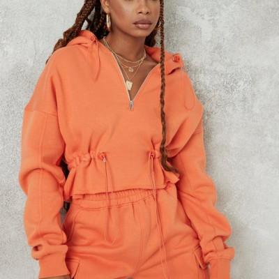 Orange Toggle Raw Hem Cropped Hoodie