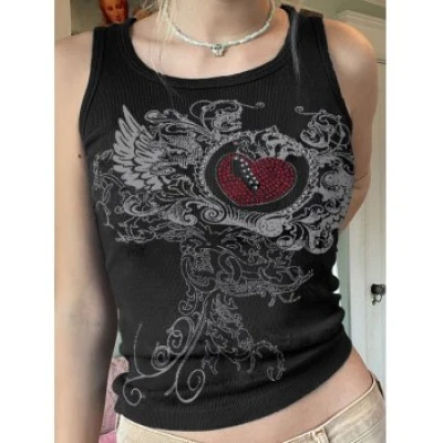 Heart Rhinestone Rib Crop Tank Top