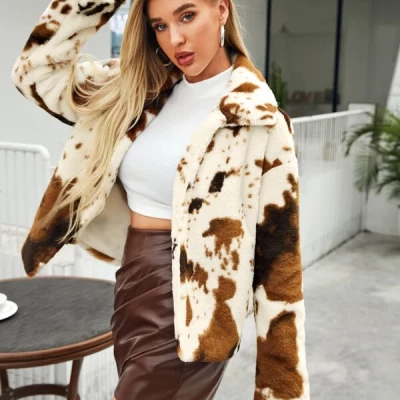 Cow Print Faux Fur Open-Front Coat