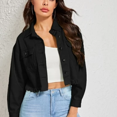 Black Wash Frayed Hem Denim Jacket