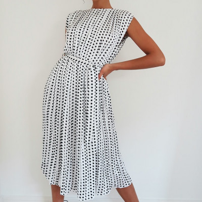 White Polka Dot Pleated Sleeveless Midi Dress