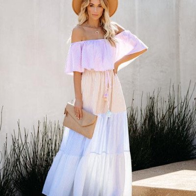Swaying Palms Cotton Off The Shoulder Maxi Dress