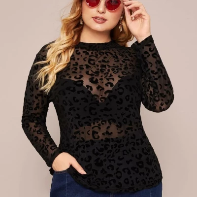Plus Allover Print Sheer Mesh Top