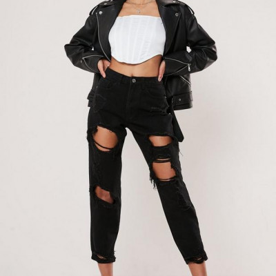 Black High Rise Ripped Rigid Mom Jeans