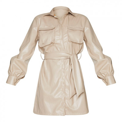 Stone Faux Leather Pocket Detail Shirt Dress