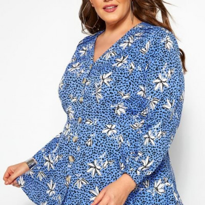 Blue Floral Button Peplum Blouse