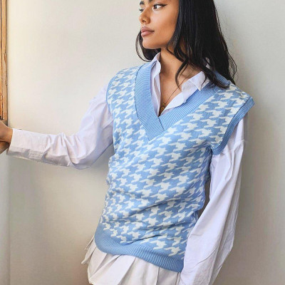 Womens Dogtooth Flannel Knitted Tank - Blue -