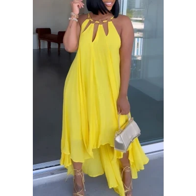 Yellow Sexy Casual Solid Hollowed Out Asymmetrical O Neck Sleeveless Dress Dresses