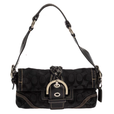 Coach Black Canvas and Leather Signature Buckle Shoulder Bag