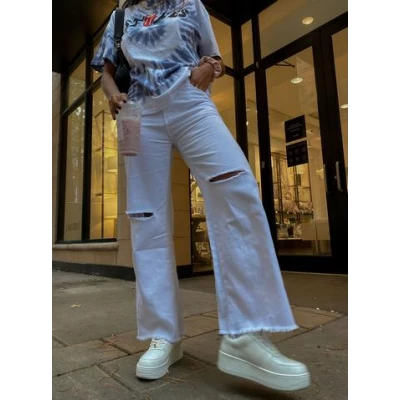 Cece Hammer Wide Leg Knee Rip Jeans White Denim