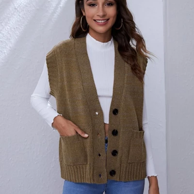 Dual Pocket Button Front Vest Cardigan