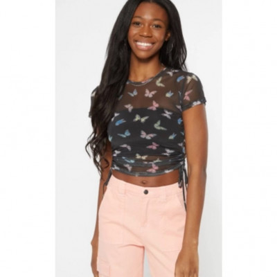 Black Butterfly Print Mesh Ruched Top