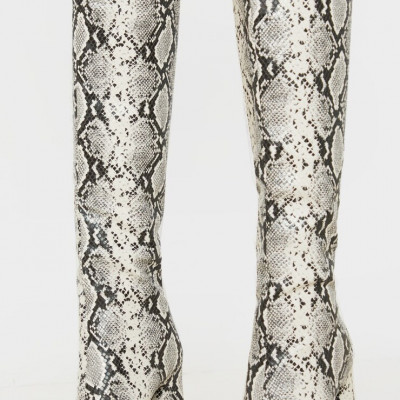Grey Snake Square Toe Block Heel Calf Boot