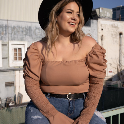 Bella Tan Crop Top With Ruched Sleeves