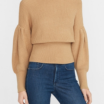 Ribbed Mock Neck Balloon Sleeve Sweater