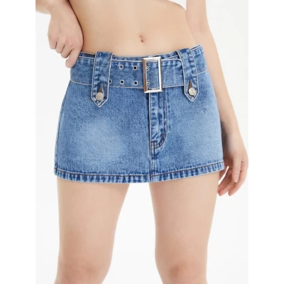 Buckled Belt Denim Mini Skirt