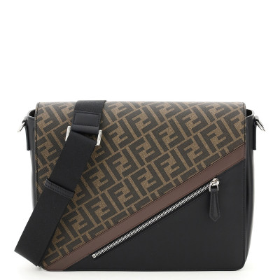 FENDI NEW MESSENGER FF DIAG STRIPE OS Brown, Black Leather, Cotton