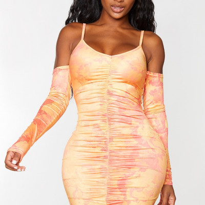 Shape Orange Tie Dye Slinky Cut Out Ruched Bodycon Dress