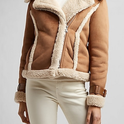 Faux Shearling Moto Jacket Womens Tan