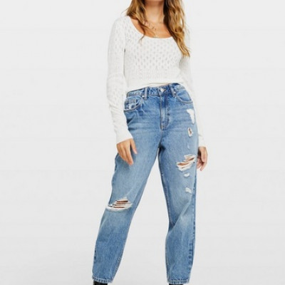 Womens Petite Mom Blue High Waist Slim Fit Jeans, BLUE