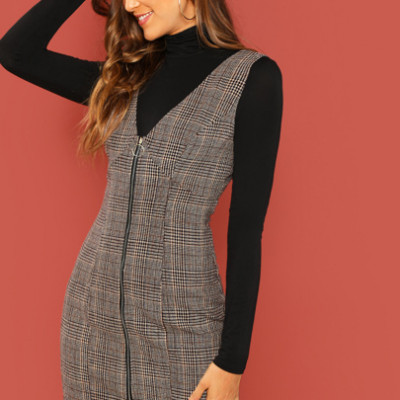 Zipper Up Glen Plaid Pinafore Dress