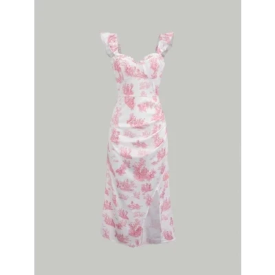 SHEIN MOD Plants Print Split Hem Ruched Dress
