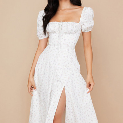 TALLULAH WHITE FLORAL PUFF SLEEVE MIDI DRESS