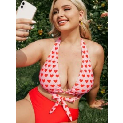 Plus Heart Print Tie Front Bikini Top
