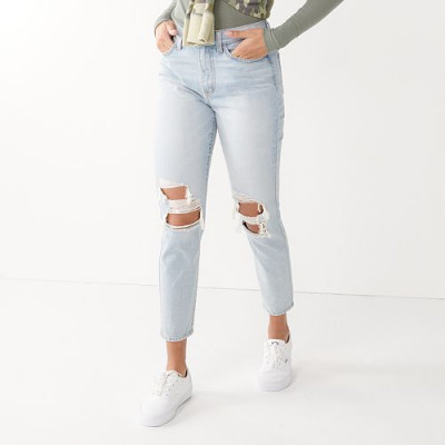 Juniors' SOÃ‚Â® High Rise Distressed Mom Jean