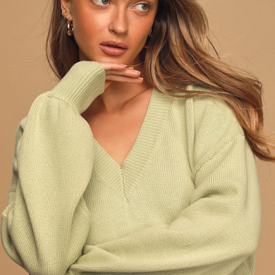 Just a Moment Light Sage Green V-Neck Cropped Sweater | Lulus
