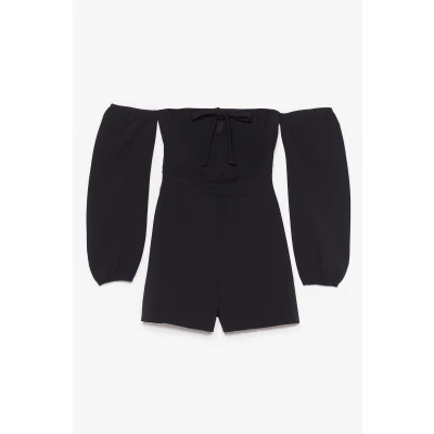 Womens Knock It Off-the-Shoulder Tie Playsuit - Black - 6, Black