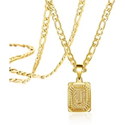18K Gold Filled Initial Letter J Pendant Necklace Square Alphabet Rectangle Medallion Personalized Stainless Steel Figaro Chain Simple Jewelry Gifts for Women Men Teenage Girls BFF Mom Dad Dad | Amazon.com