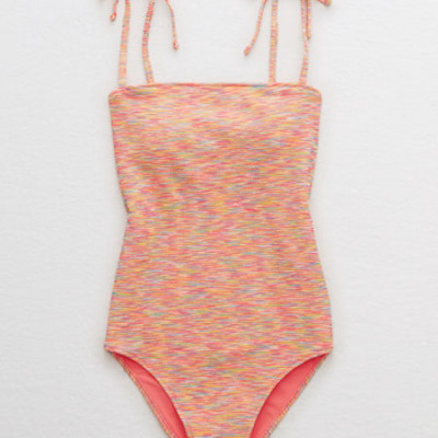 Aerie Space Dye Pique Bandeau One Piece Swimsuit Womens Coral Sun