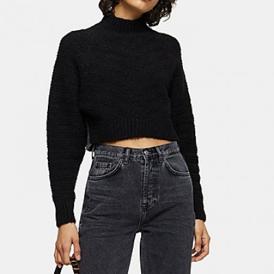 Black Chevron Super Crop Knitted Sweater - Black