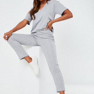 Gray V Neck T Shirt And Joggers Co Ord Set
