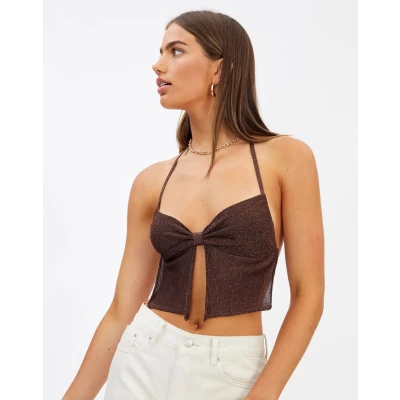 Shimmer Split Front Open Back Halter Knit Top in Brown | Glassons