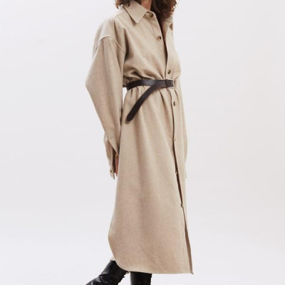 Long Oversized Wool Shirt Dress In Oatmeal