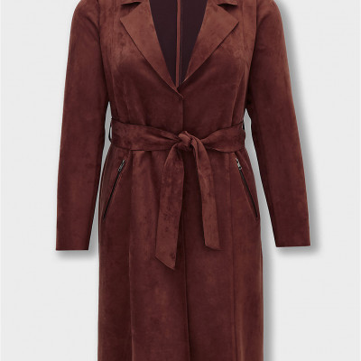 Chocolate Brown Faux Suede Longline Trench Jacket