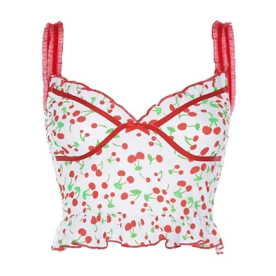 Cherry Print Ruffle Crop Cami Top
