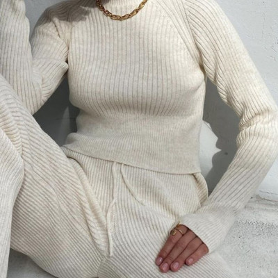Wide leg pants long sleeve solid color sweater suit