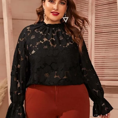 Plus Flounce Sleeve Sheer Guipure Lace Blouse Without Cami