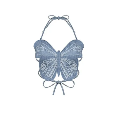 Phloomie - Short-Sleeve Mesh T-Shirt / Sleeveless Lace Top / Lace Arm Sleeves / Halter Distressed Denim Butterfly Camisole Top / Set