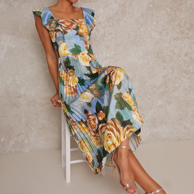 Ruffle floral print midi dress in blue
