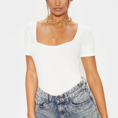 White Brushed Rib Square Neck Bodysuit