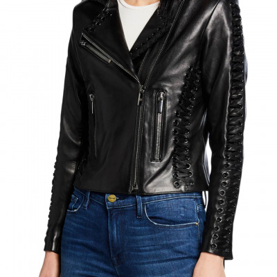 Vinyl Lace-Up Leather Moto Jacket