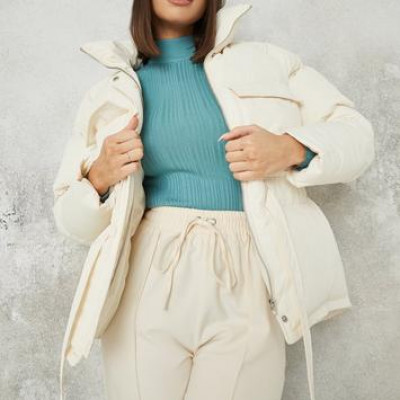Cream Tie Waist Puffer Jacket