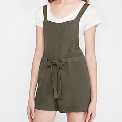 Linen-Blend Cinched Waist Overalls Womens Olive Green