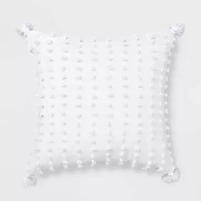 Euro Clipped Tassled Throw Pillow White