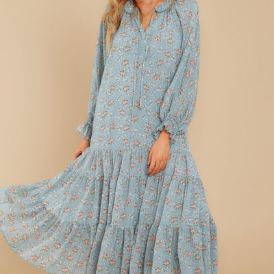 Right Next Door Porcelain Blue Floral Print Midi Dress