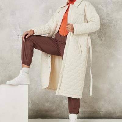 Petite Cream Quilted Belted Trench Coat